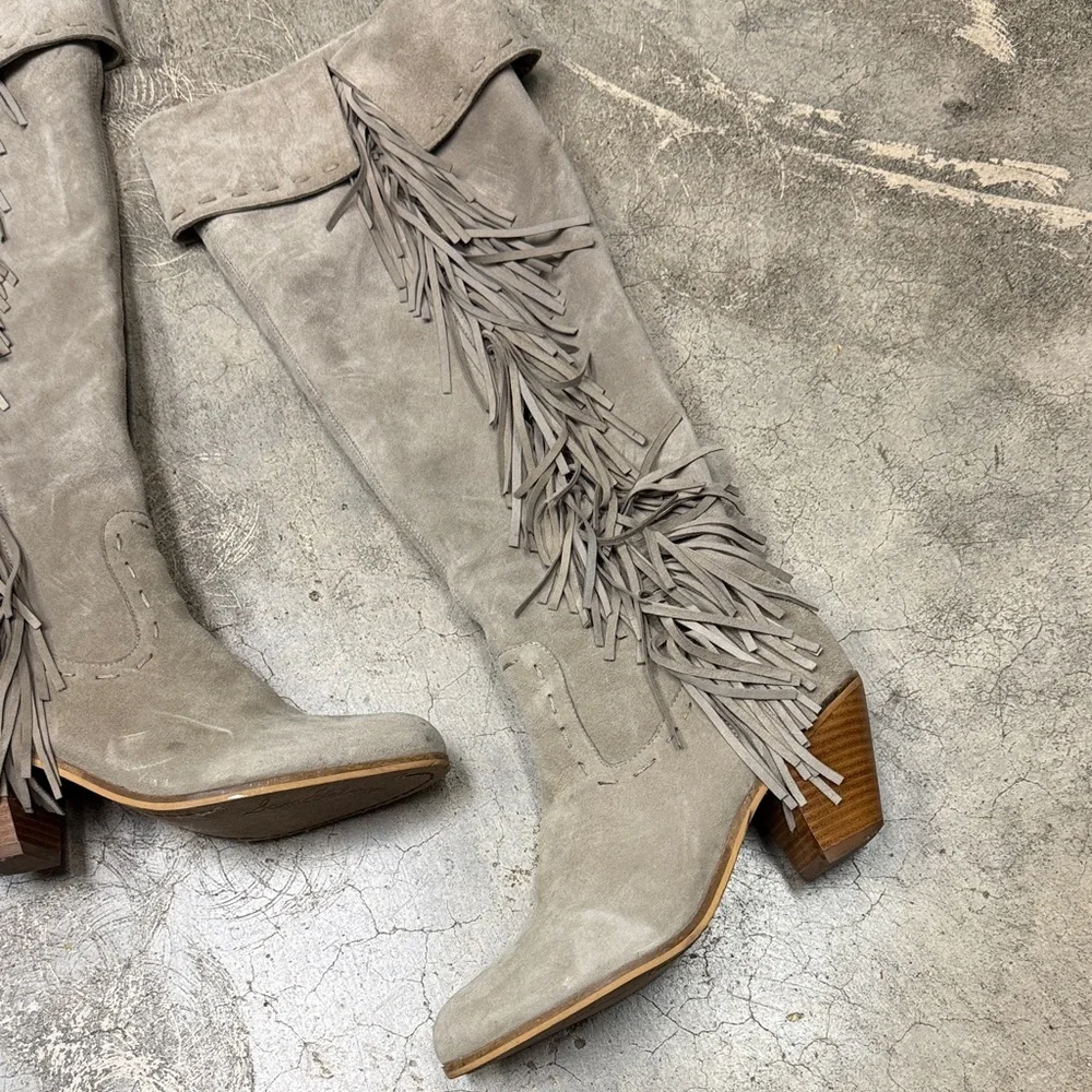 * Sam Edelman Over the Knee Fringe Boots - Gray